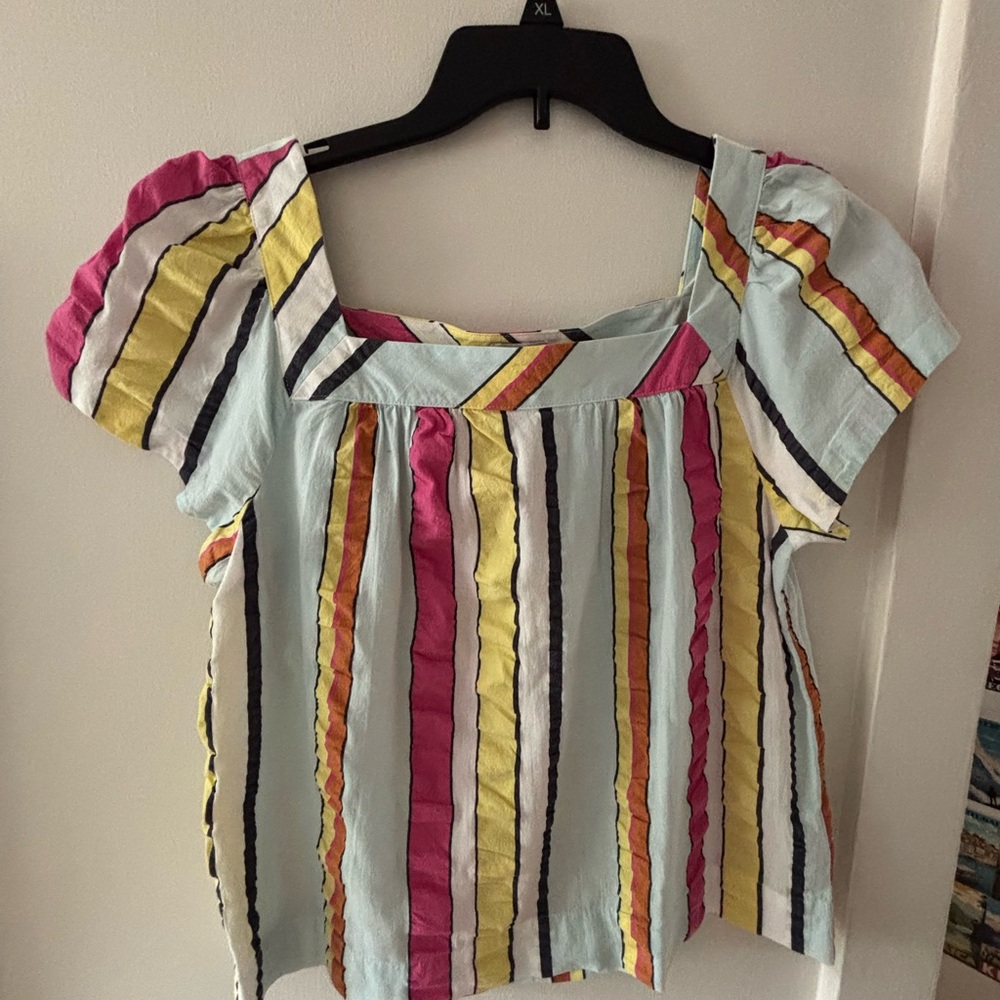 Vintage J. Crew Light Blue Striped Square-Neck Puff Sleeve Top